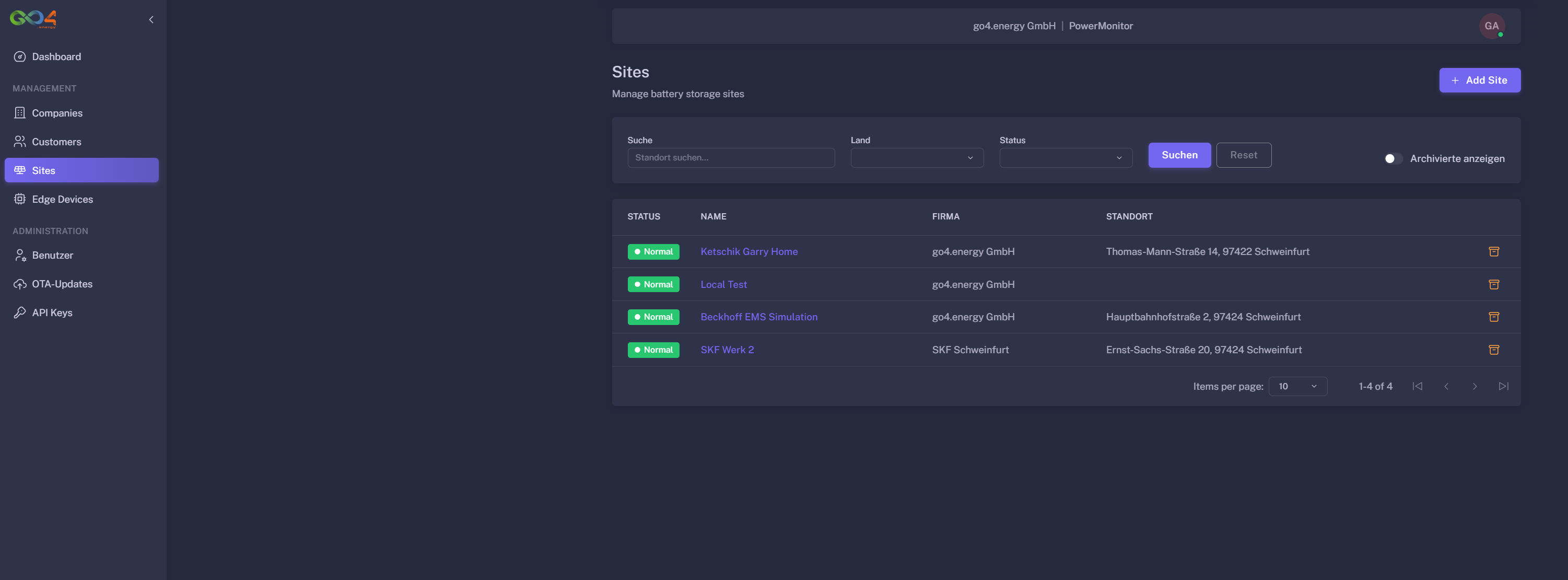 Standort-Verwaltung in powermonitor.io